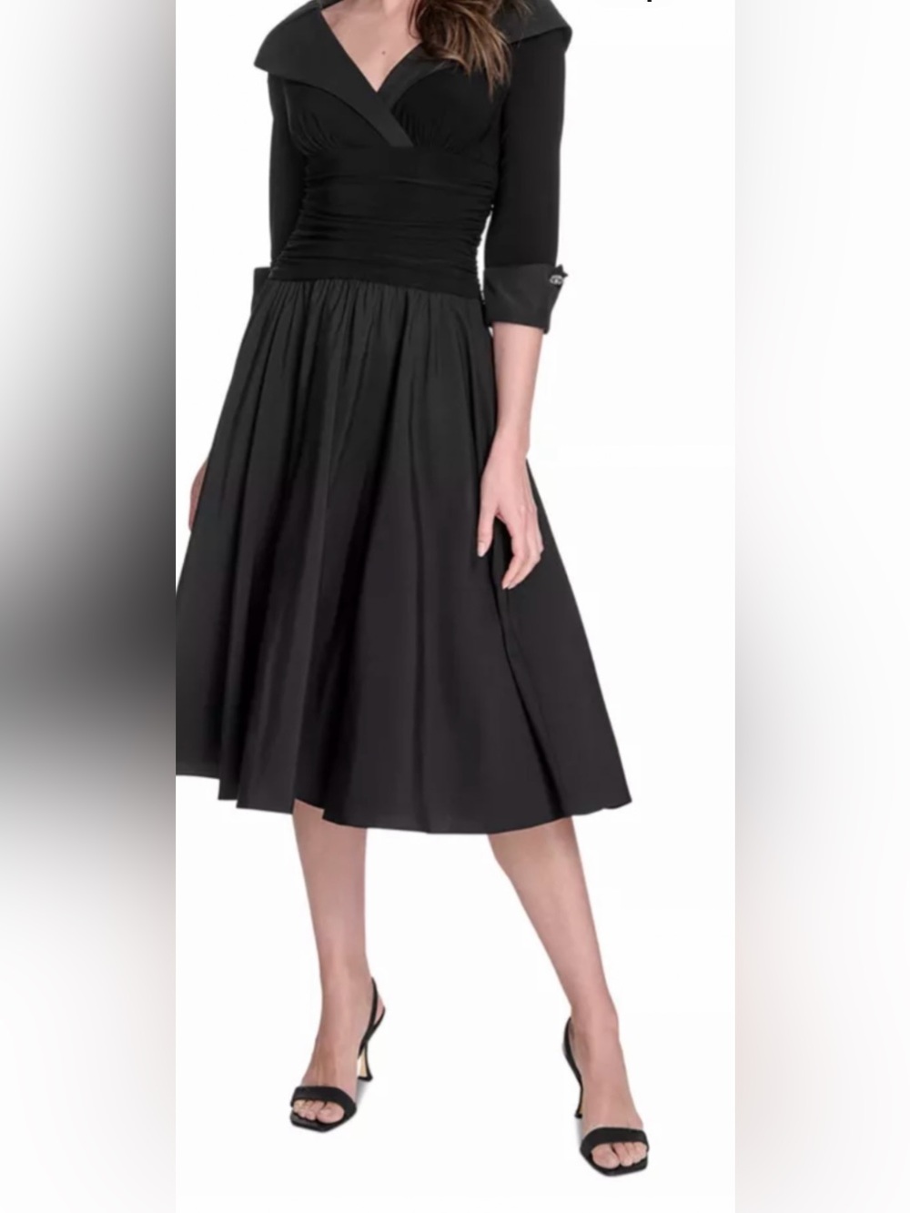 Women's Black Sleeveless V-Neck Collared Fit and Fllare Elegant Dress